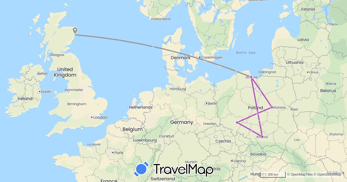 TravelMap itinerary: driving, plane, train in United Kingdom, Poland (Europe)
