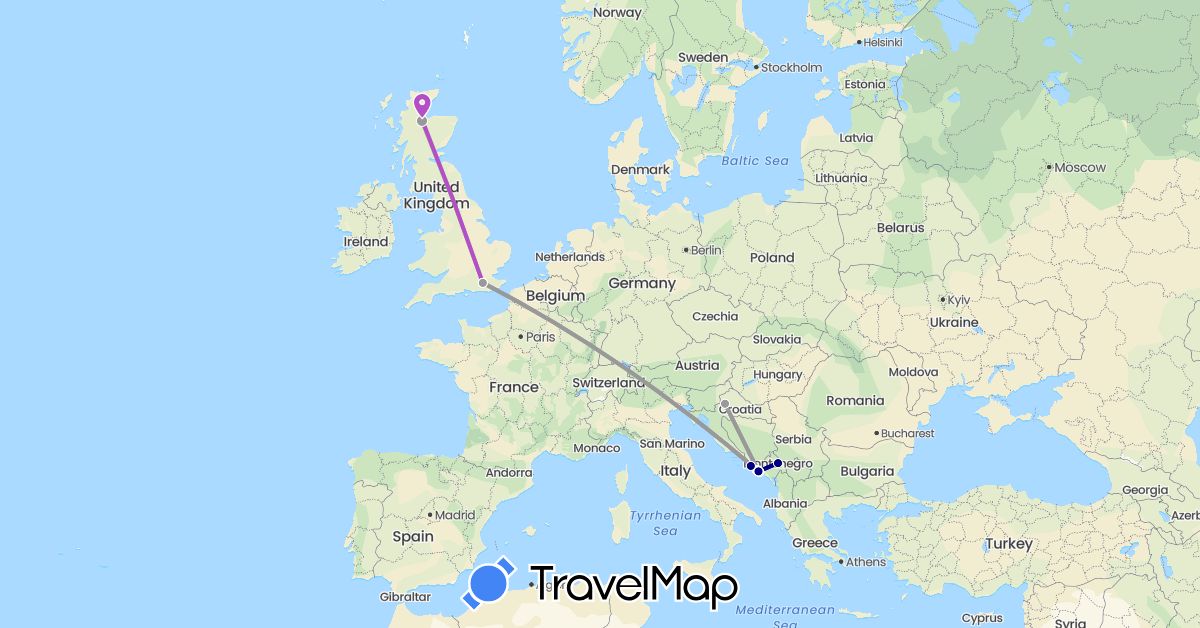 TravelMap itinerary: driving, bus, plane, train, hiking, boat in United Kingdom, Croatia, Montenegro (Europe)